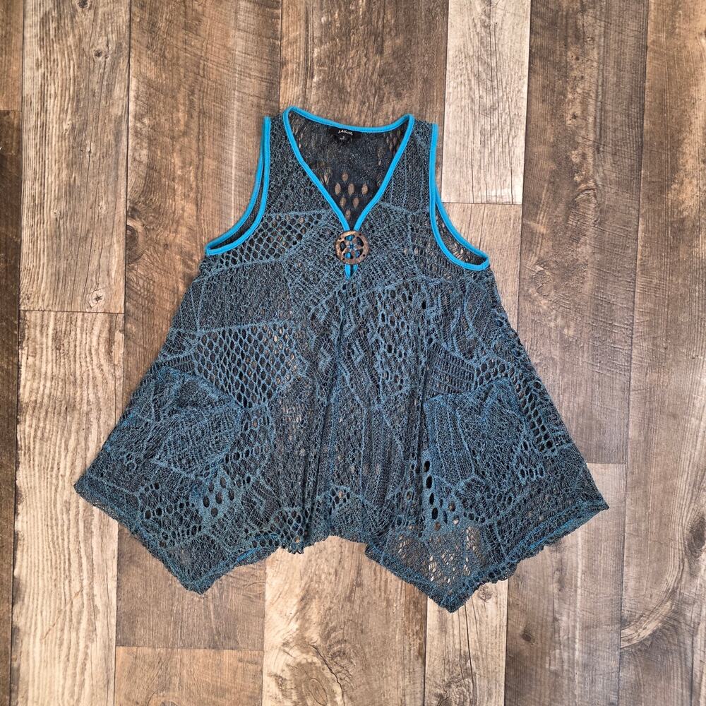 Y2K Boho Tunic Top Fairy Grunge Open Knit Festival Tank Top Size Small Blue - Picture 2 of 7